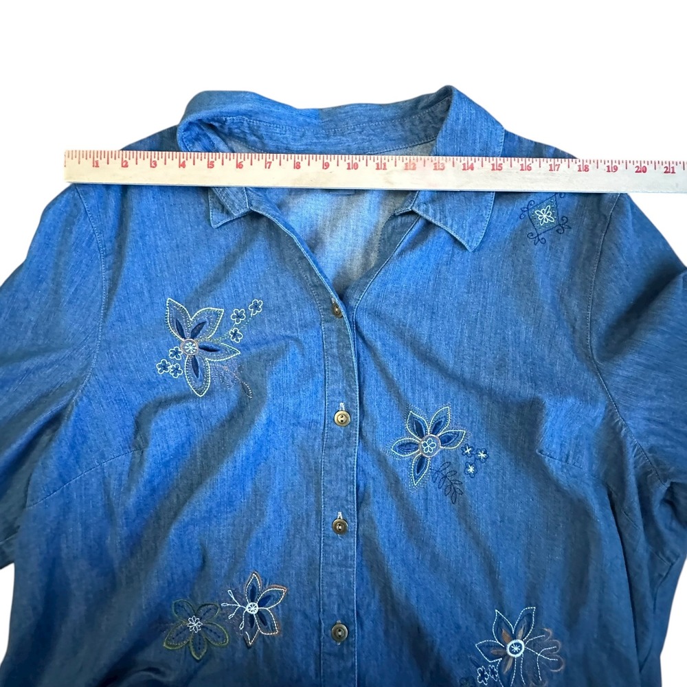 City Blues by Koret Denim Shirt‎ 3X Embroidered Flowers 3/4 Sleeve Button Up - Picture 6 of 12